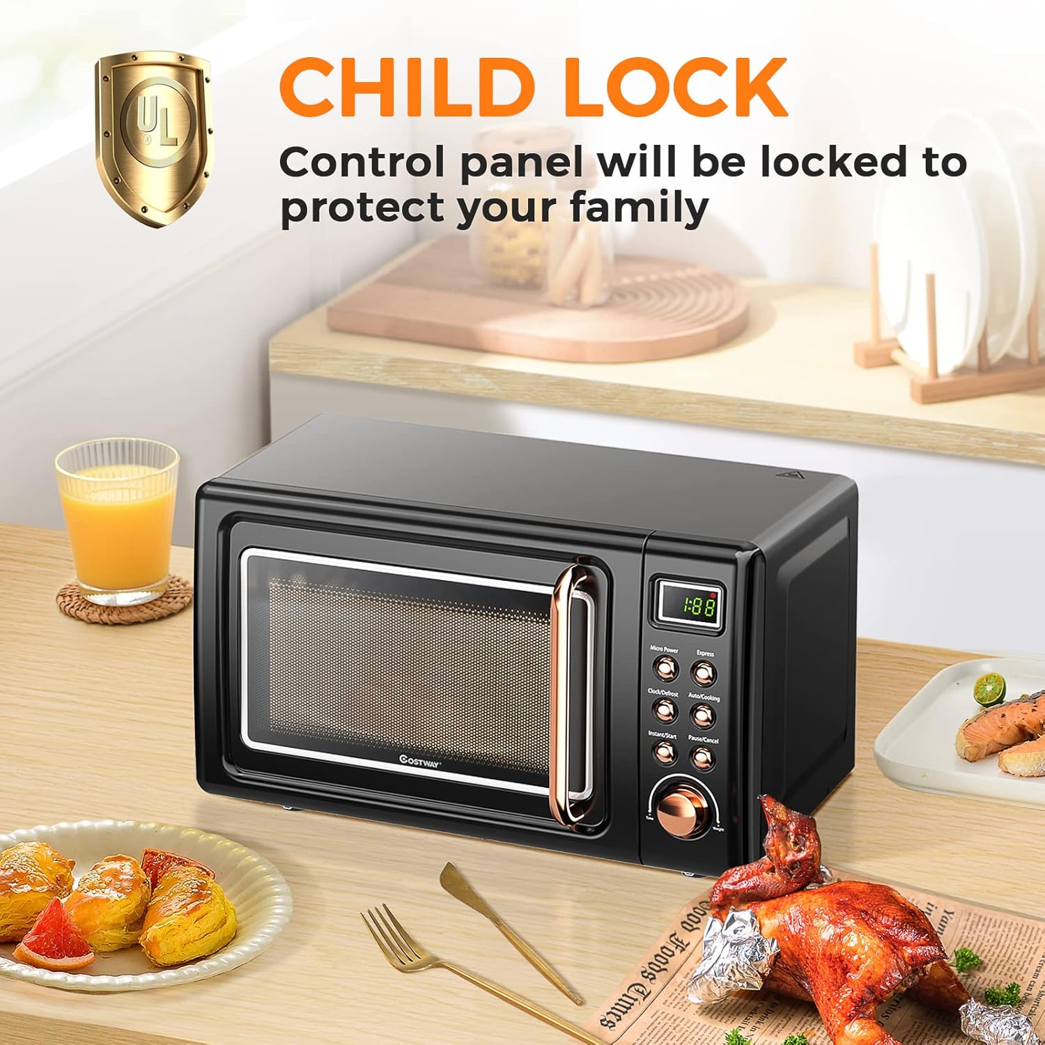 Retro Countertop Microwave Oven, Large 0.7Cu.ft, 700-Watt, Cold Rolled Steel Countertop with Time Setting, Glass Turntable Plate, Pre-Programmed Cooking Settings, LED Display, Child Lock (Rose Gold)