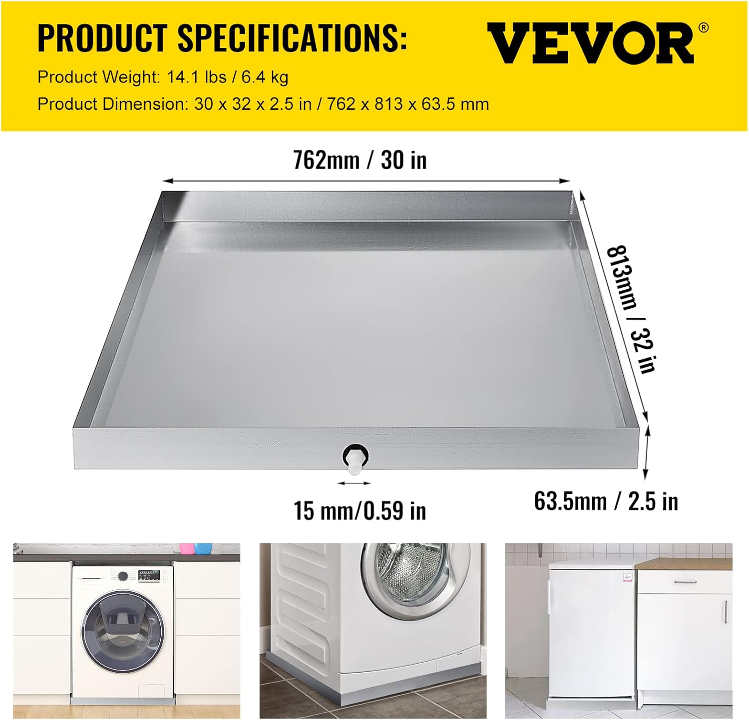 VEVOR 32 x 30 x 2.5 Inch Washing Machine Pan 18 GA Thickness 304 Stainless Steel Heavy Duty Compact Washer Drip Tray with Drain Hole & Hose Adapter