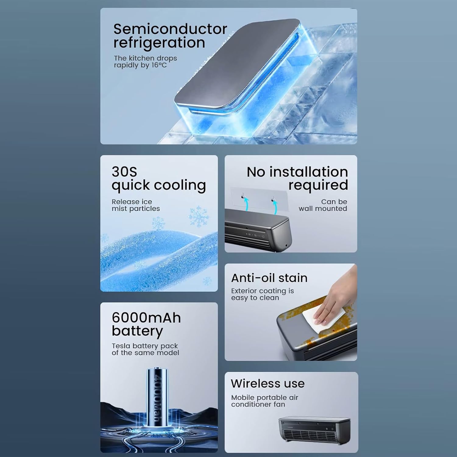 Air Conditioner Cooling Fan, Portable Air Cooler, 3 Speeds Adjustable Bladeless Fan USB Rechargeable Personal Airs Cooler for Home Office Desk Quiet AC Unit Wall Mountable Space Saving