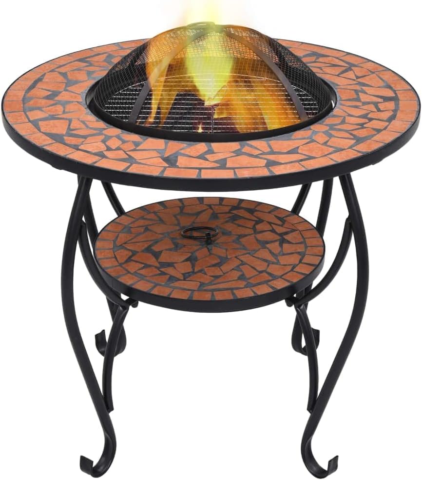 Multifunctional Fire Pit Table, Patio Decorative Table, Round Table for Camping, Outdoor Heating, Campfire and Picnic,Mosaic Fire Pit Table Terracotta 26.8