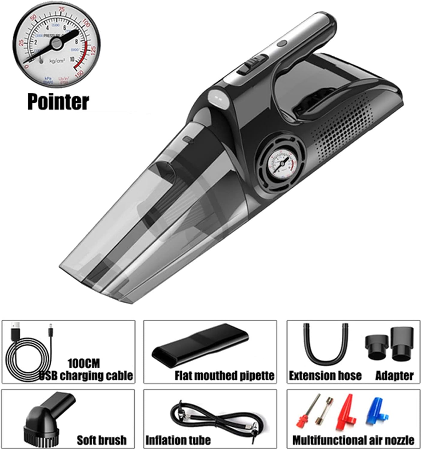 4 in 1 120W 8000PA Handheld Vacuum Cleaner with LED Light Powerful Vacuum Cleaner Wet & Dry Use for Auto Car Home Computer,Wireless,Pointer