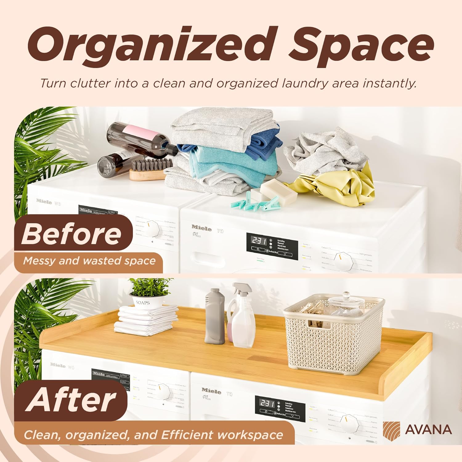 Avana (100% Natural Solid Wood Washer Dryer Countertop – Oak Pine Laundry Countertop with Raised Edges, 54” x 27.5” Counter Top for Washer and Dryer, Laundry Room Organizer & Tabletop