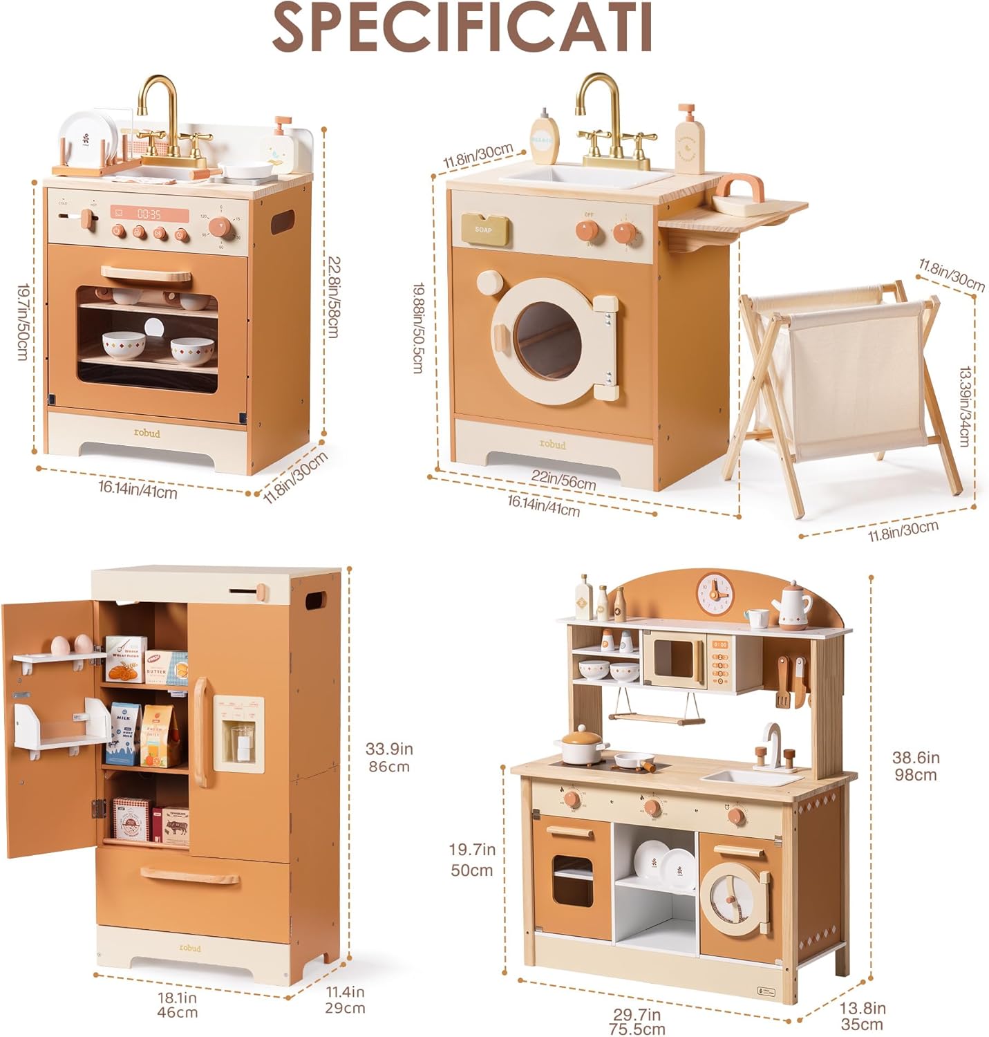 ROBUD Wooden Play Kitchen, 4-in-1 Kids Kitchen Playset with Fridge, Washing Machine, Dishwasher, Toddlers Role Play Kitchen Set Gift for Boys & Girls, Age 3+ (Caramel)