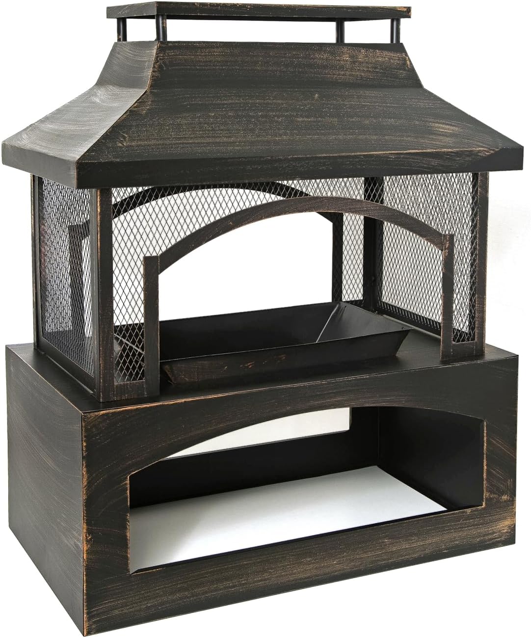 Geelife 37-Inch Rectangular Metal Outdoor Wood Burning Fireplace - Outdoor Fireplace with Built-in Log Storage and Poker-Brushed Bronze