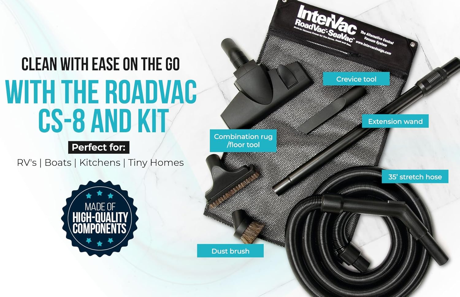 RV Central Vacuum System – Compact Wall-Mount Unit w/ 35' Stretch Hose & Tools – HEPA-Type Filtration for RVs, Boats, Tiny Homes