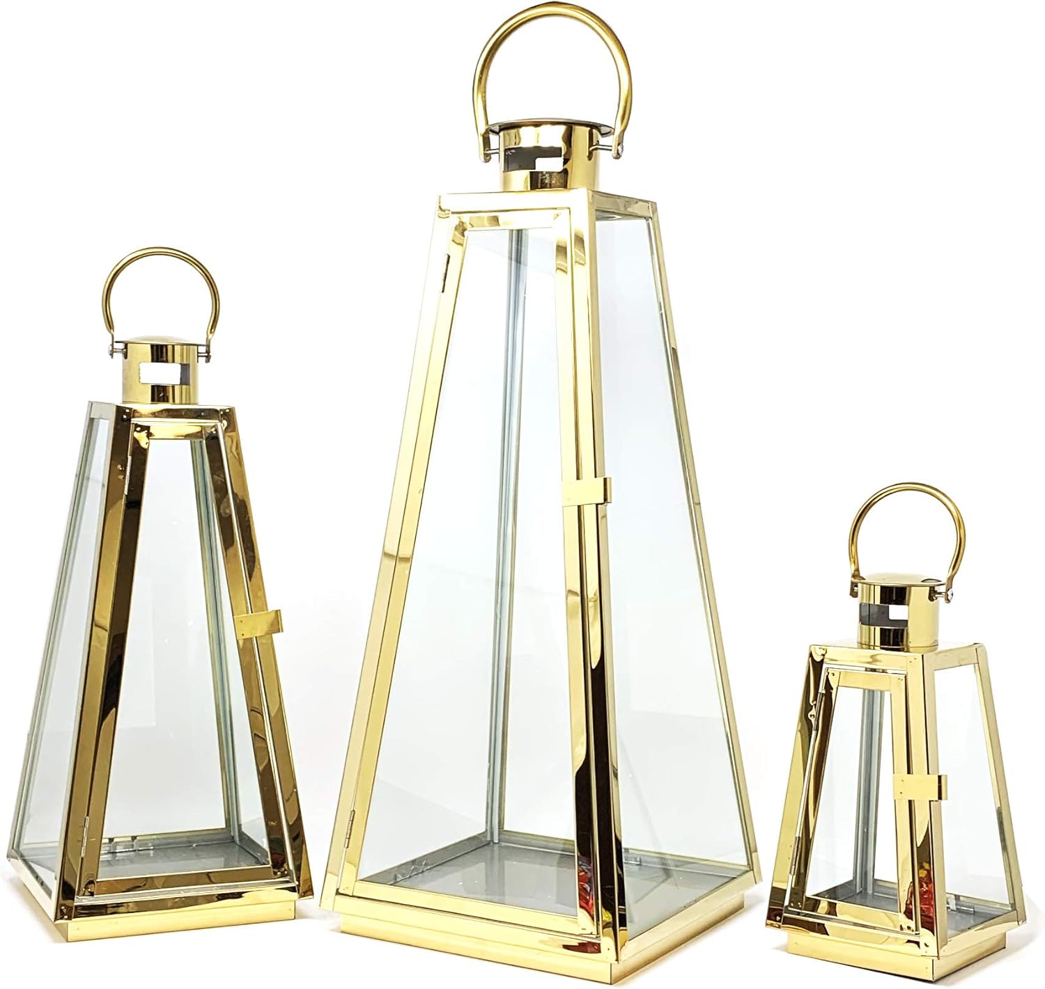 Allgala 3-PC Lantern Set 24 Inch Jumbo Deluxe Modern Indoor/Outdoor Candle Lantern Set Gold Stainless Steel Tapered Trapezoid Frame with Tempered Glass for Garden Patio Fireplace Wedding