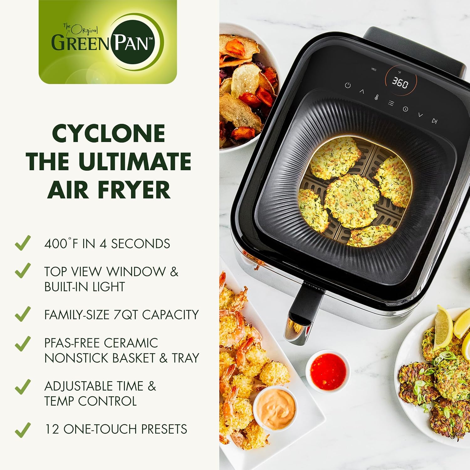 GreenPan Cyclone 7QT 12-in-1 Air Fryer, XL Easy View Window, 400 °F in 4 Seconds, Digital Touch Screen Presets, Ceramic Nonstick PFAS-Free Basket, Shake Reminder, Adjustable Temp & Time Control