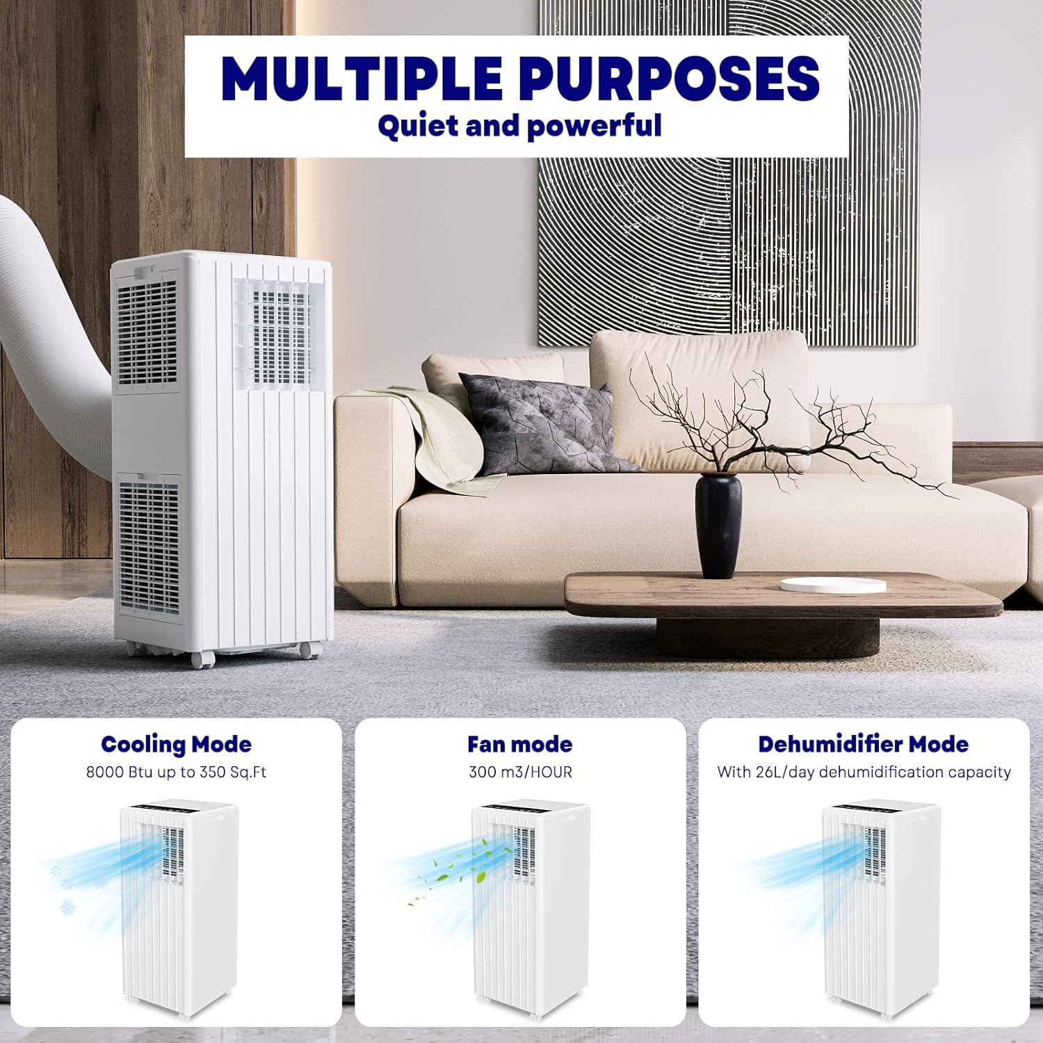 8,000 BTU Portable Air Conditioner, 3-In-1 Floor AC Unit with Remote Control, Cools Up to 350 Sq.Ft, Ultra-Quiet Air Cooler with LED Display, Dehumidifier & Fan for Bedroom, Office, Living Room