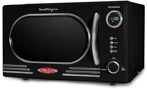 Nostalgia Retro Countertop Microwave Oven - 1.1 Cu Ft & 1000 Watt Power- Easy to Clean with Removable Glass Turntable - Child Safety Lock - 12 Programs - Digital Clock - Black