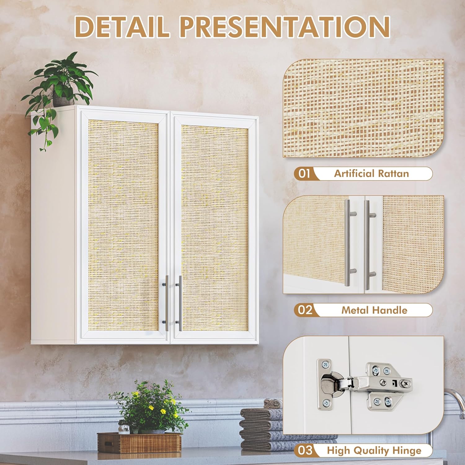 29.5’’ Laundry Room Cabinets, Wall Mounted Cabinet with Rattan Doors and Adjustable Shelf, Kitchen Wall Cabinet, Bathroom Wall Cabinet, Upper Cabinet for Laundry, White