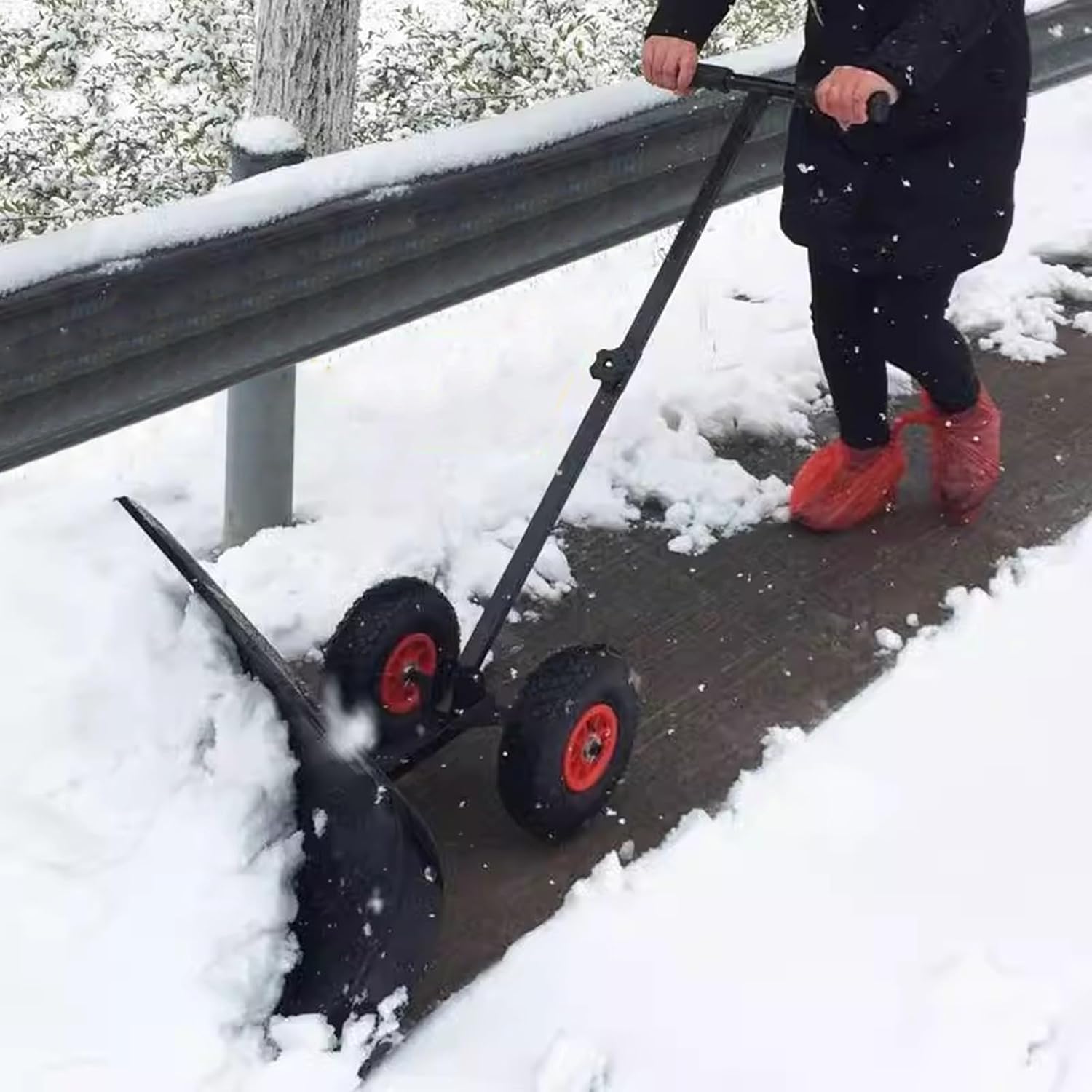 30 Inch Wide Snow Shovel with Wheel, Outdoors Rolling Snow Removal Device Cart for Yard Doorway Sidewalks, Cold Steel Snow Pusher with Adjustable Angle & Height Handle,One Color-Large