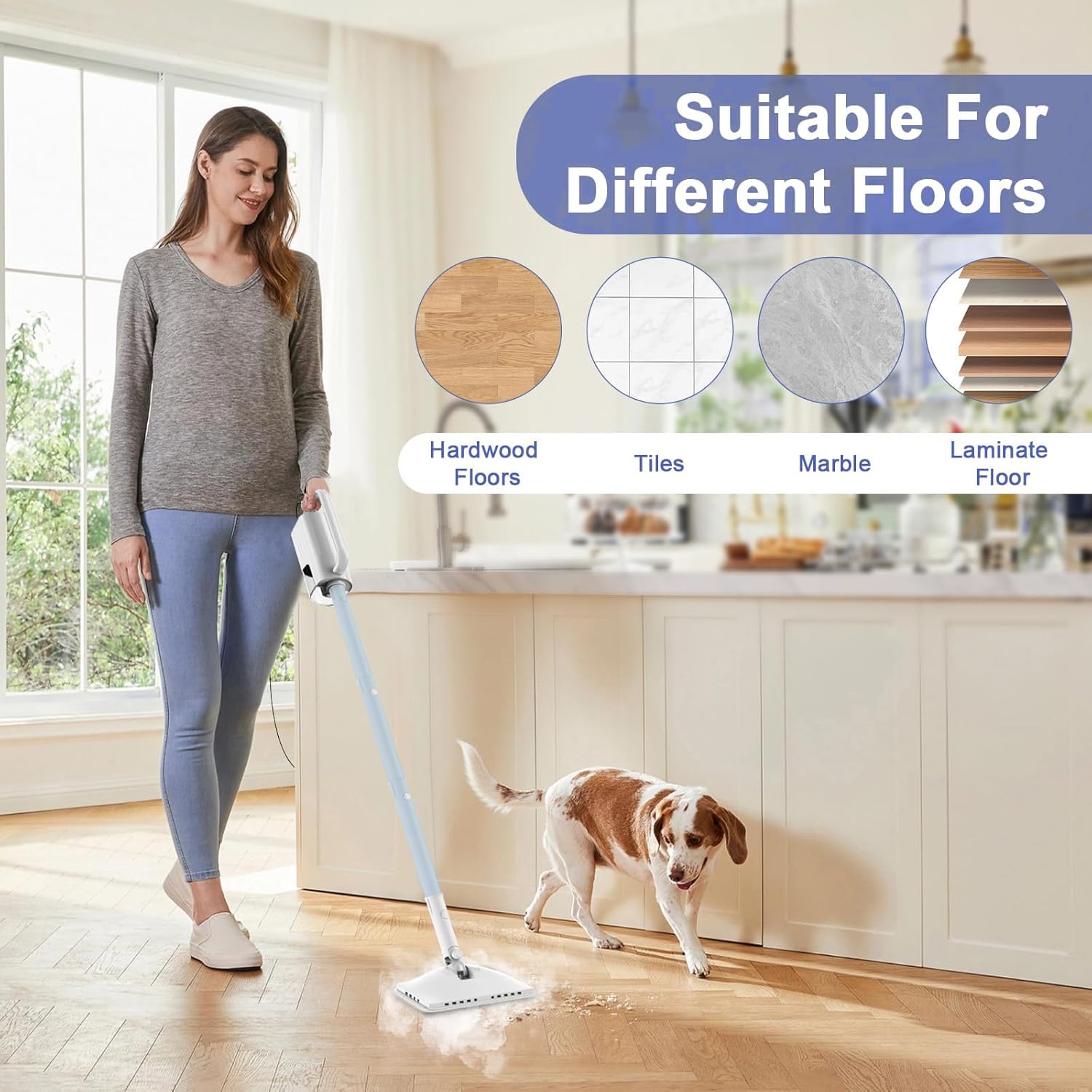 7-in-1 Steam Mop, 1200W Rotated Steam Cleaner for Home, 2 Modes, 400ML Removable Tank, 23FT Cord, 2 Washable Pads, Multi-Surface Steamer for Hard Floor, Laminate Floor, Tiles Cleaning (Sunny Blue)