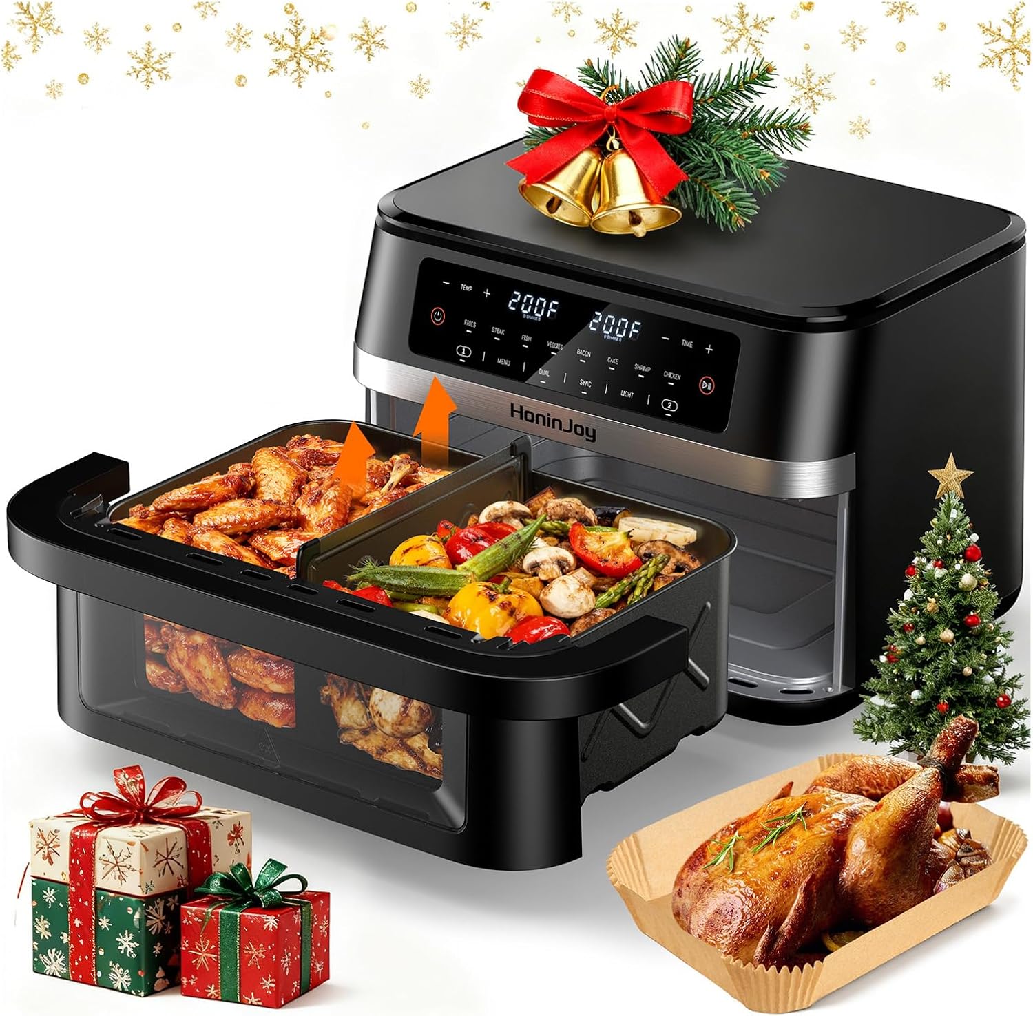 12QT Large Dual Basket Air Fryer with Flex Basket, Viewing Window and 50PCS Paper Liners, 12-in-1 Family Size with Sync & Dual & Light, Double Zone for Bake, Roast, Reheat, Dishwasher Safe