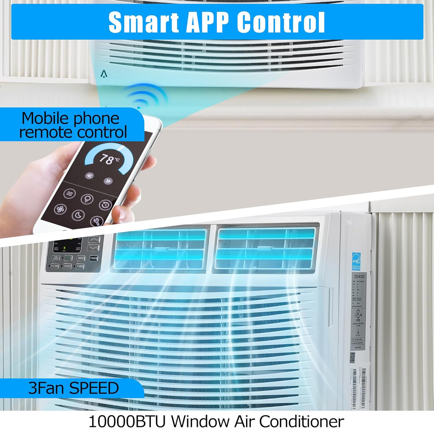 10,000 BTU Window Air Conditioner with WiFi, Window AC Cools up to 750 Sq, 115V. Quiet Operation with Remote & App Control, ECO Mode & 3 Fan Mode,Sleep, Washable Filter, Ft for Bedroom, Living Room