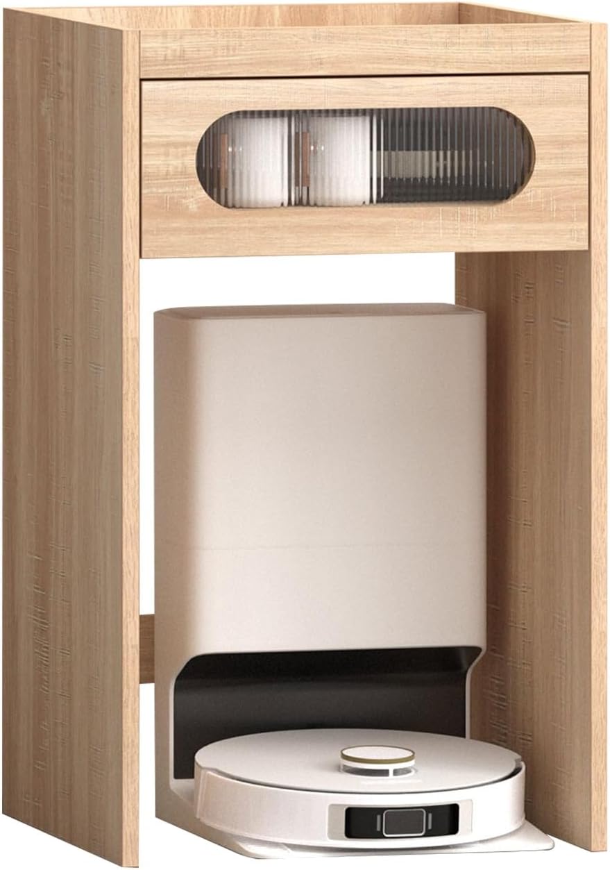Robot Vacuum Stand Cabinet with Clear Drawer Space-Saving Modern Robot Vacuum Storage Rack Side Table Storage Cabinet Compatible for Bedroom Living Room Home Kitchen Office(Natural)