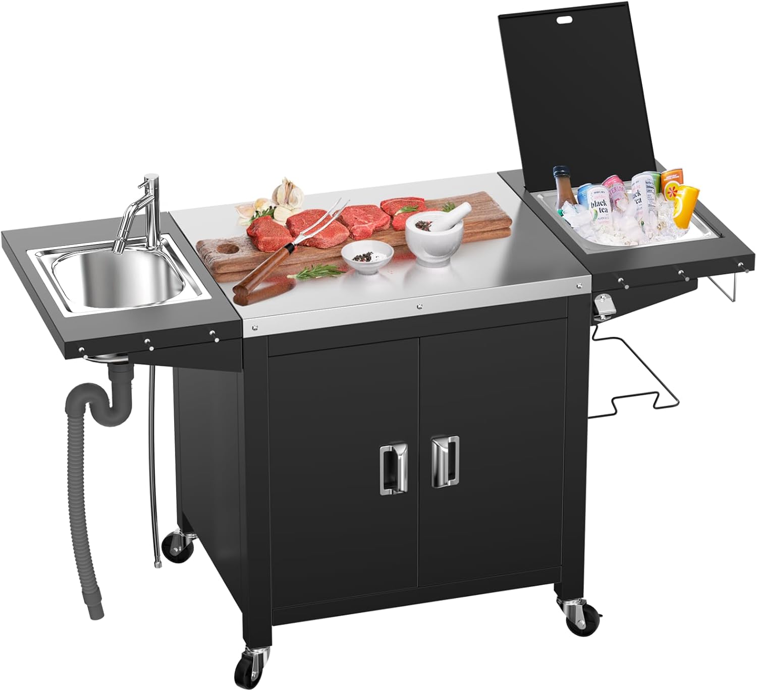 Outdoor Kitchen Cabinet Island with Sink, Ice Bin, 100-Gallon Storage Cabinet, and Lockable Wheels, Stainless Steel Patio Prep Table for BBQ, Outdoor Cooking, and Grilling Barbecue Tool Set