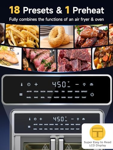 Kitchen Elite Air Fryer French Door Oven,15.8 Qt Toaster Oven Countertop Combo,18 Presets & 1 Preheat & Light, Airfryer Basket,Wire Rack,Baking Pan,Crumb Tray,Compact Design,Stainless Steel,Small
