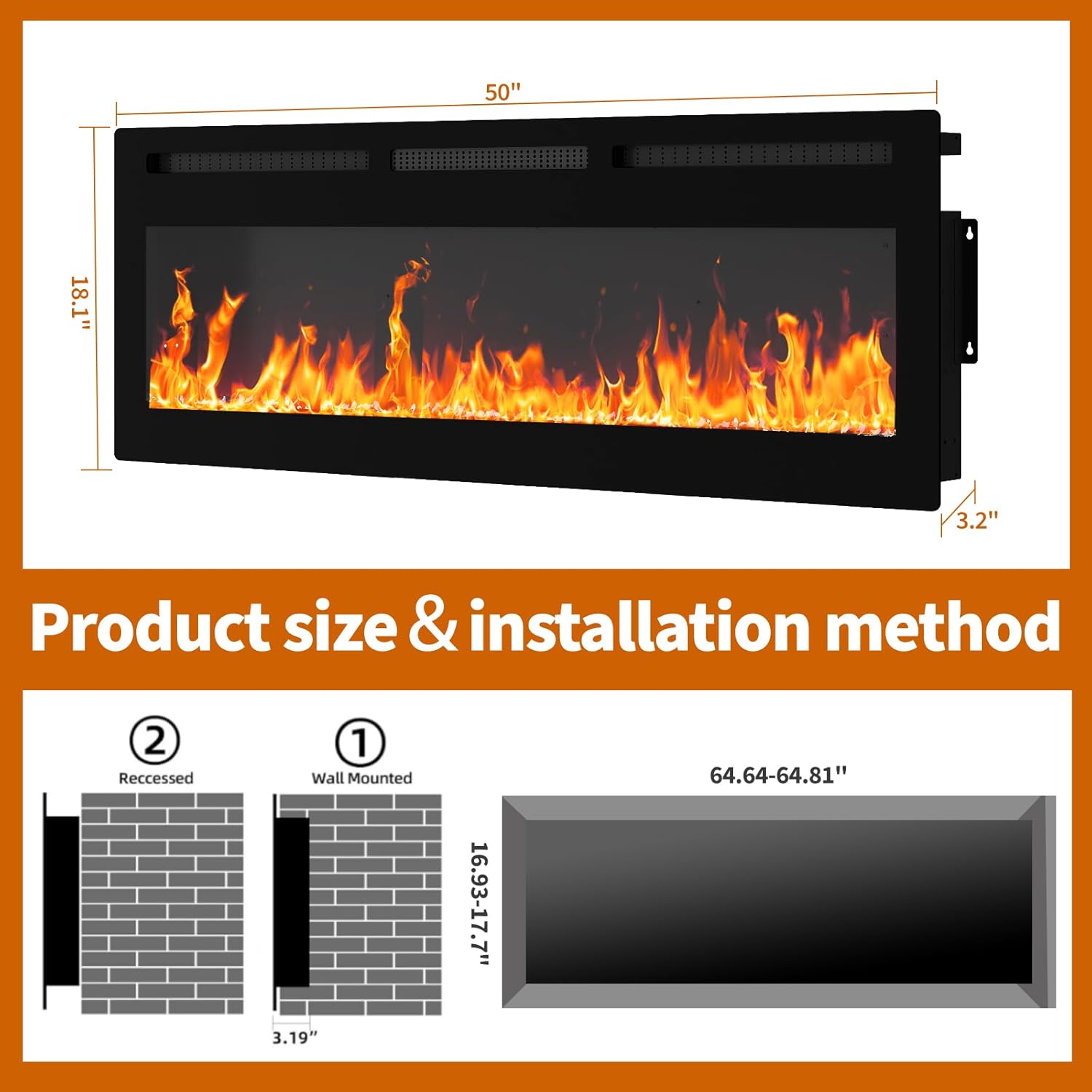 50 Inch Smart Electric Fireplace, Wall Mounted & Recessed Electric Fireplaces, WiFi & Alexa Control, Remote, Adjustable Flames, 1500W Heater w/Thermostat, Realistic Fireplace (50 Inches)