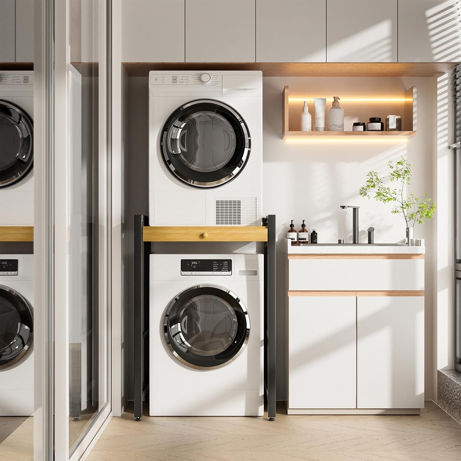 Washer Dryer Stacking Rack, Freestanding Over The Washer and Dryer Rack with Sliding Rail Hanger for Laundry Room, Bathroom Organization, 200KG Load Capacity, 24.8