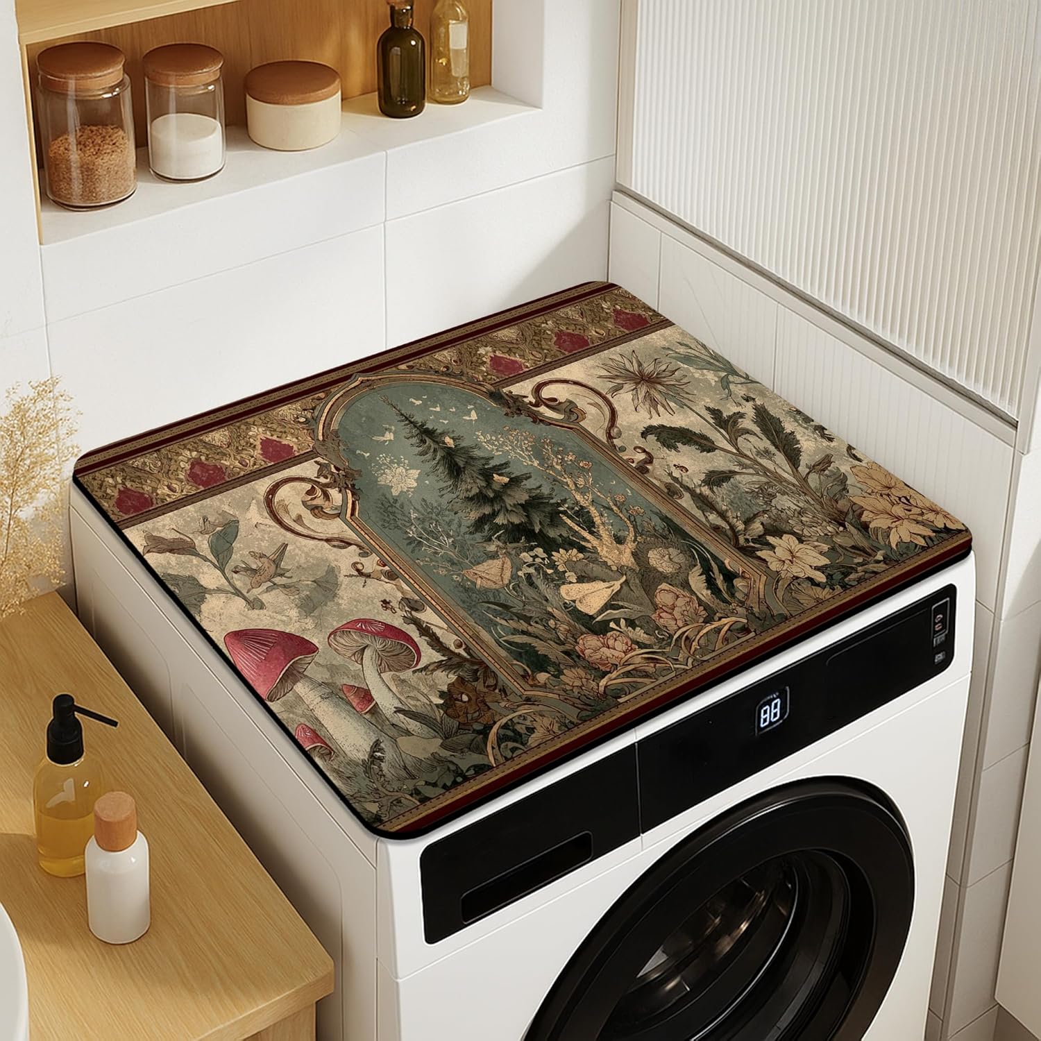 Nature-Inspired Washer Dryer Top Protector Mat, Vintage Botanical Artwork Laundry Machine Dust Covers, Rustic Rubber Anti-slip Waterproof Washer And Dryer Mats for Home Decor 20x24 Inch