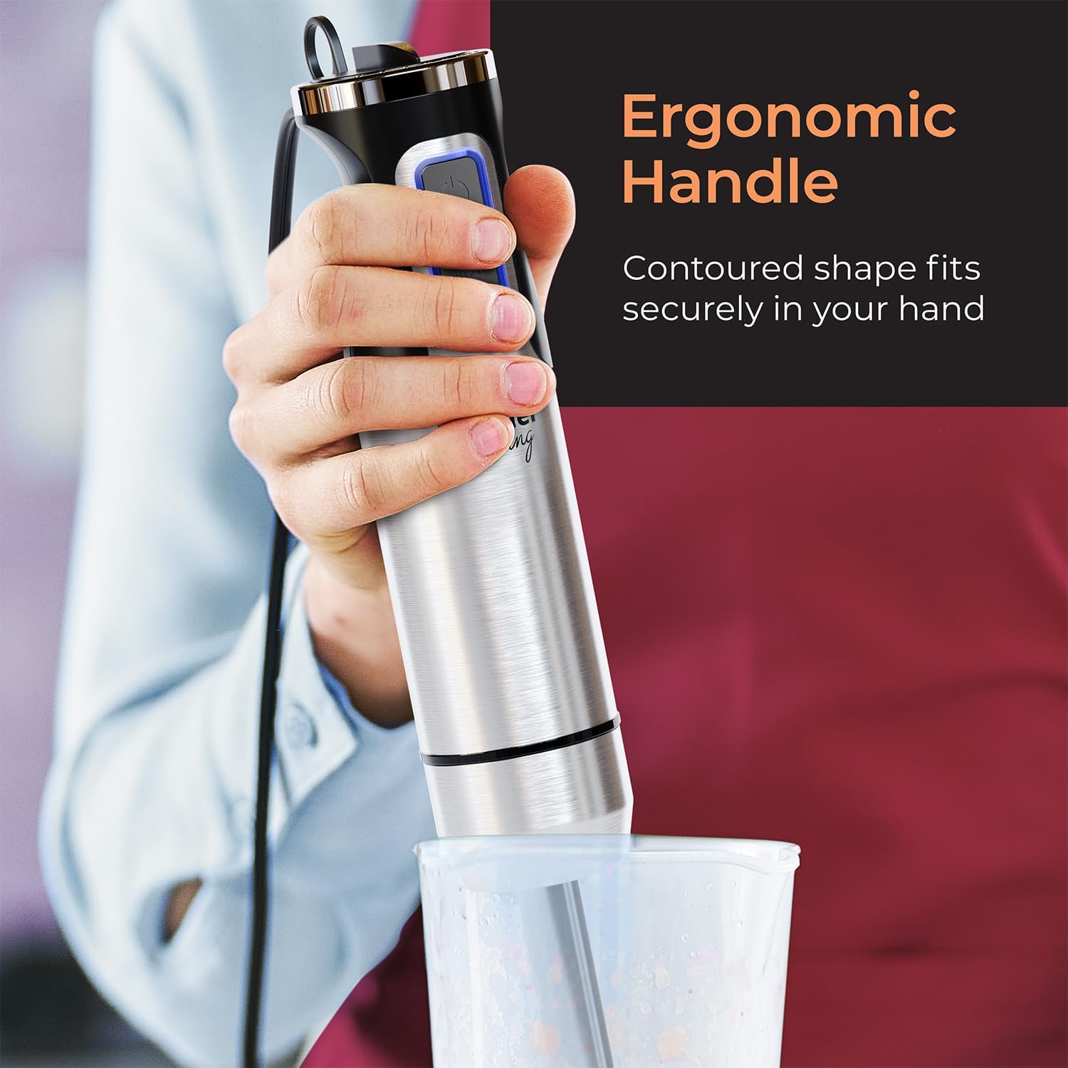 MuellerLiving Ultra-Stick Immersion Hand Blender, 500W Heavy Duty Motor, 8-Speed Turbo Setting, Includes Blending Shaft, Whisk, Milk Frother & Measuring Beaker