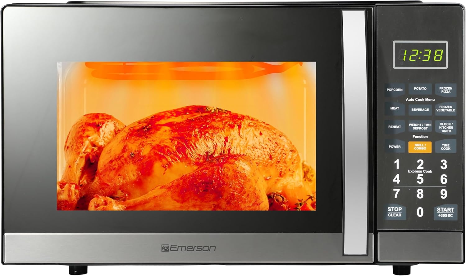 Emerson MWG1191SB 1.1 Cu. Ft. Microwave with Built-In Grill Function, 1100W Power, Stainless Steel, LED Timer Display, 11 Power Levels, 9 Preset Cooking Options, Removable Glass Turntable, Child Lock