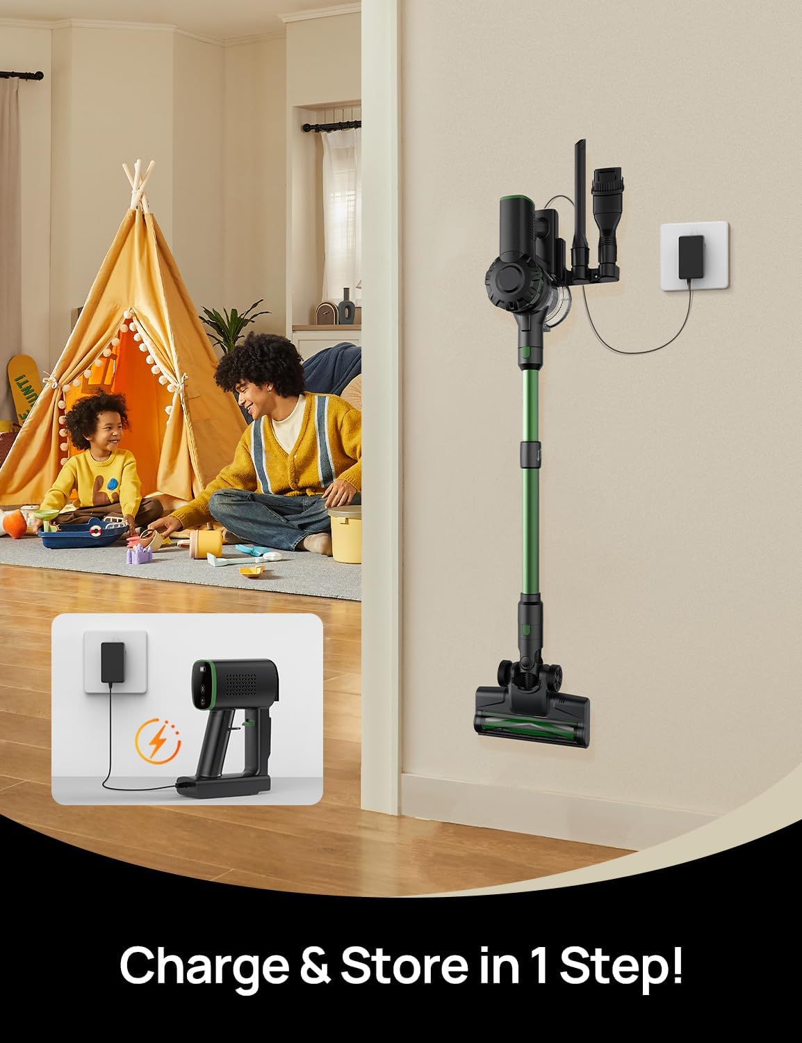 Vexilar Cordless Vacuum Cleaner, 550W/45Kpa/60Mins, Cordless Stick Vacuum Cleaner with Self-Standing and Touch Screen, 6-in-1 Lightweight, Rechargeable Vacuum for Pet Hair Carpet Hardwood (Green)