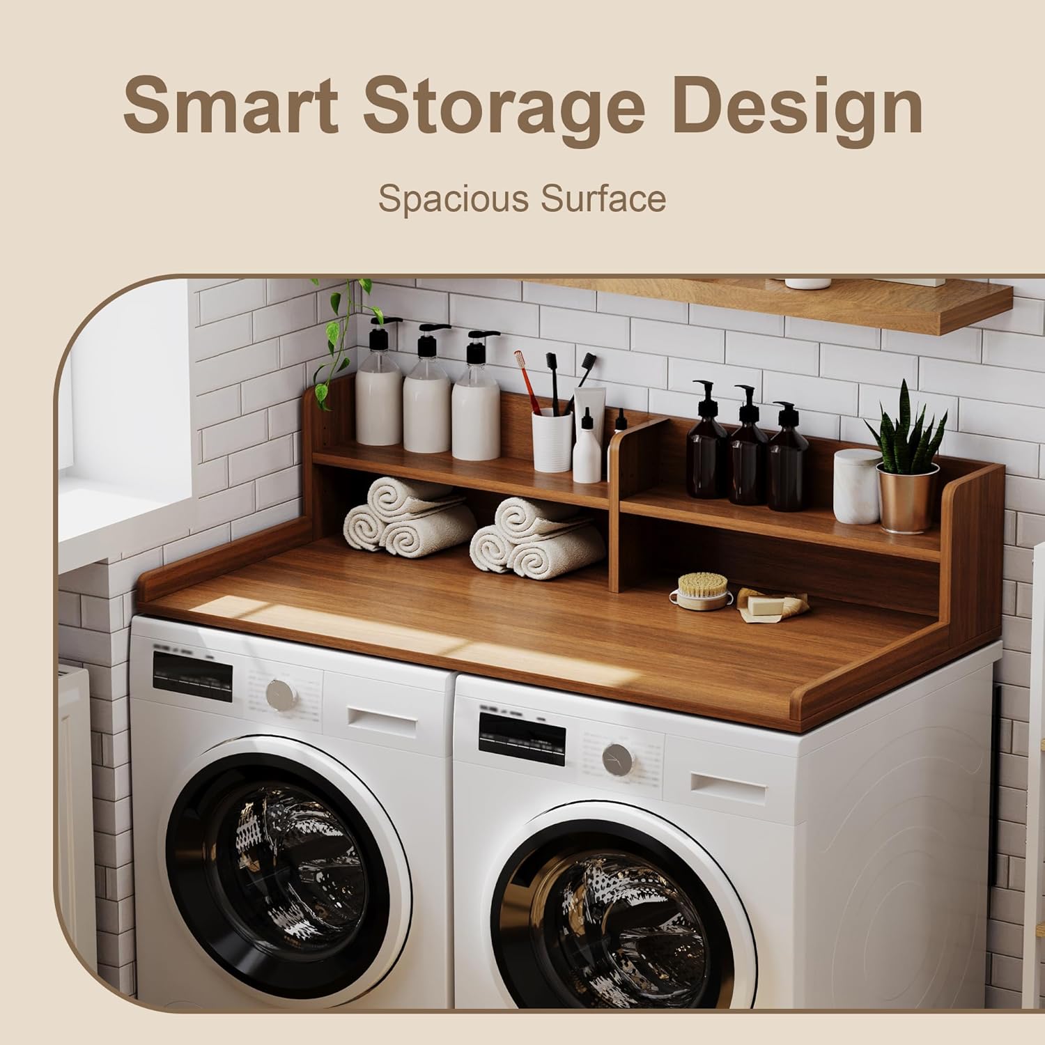 ChooChoo 2-Tier Washer Dryer Countertop with Adjustable Shelf, Spacious Laundry Room Storage for Folding Clothes and Efficient Organization, Walnut