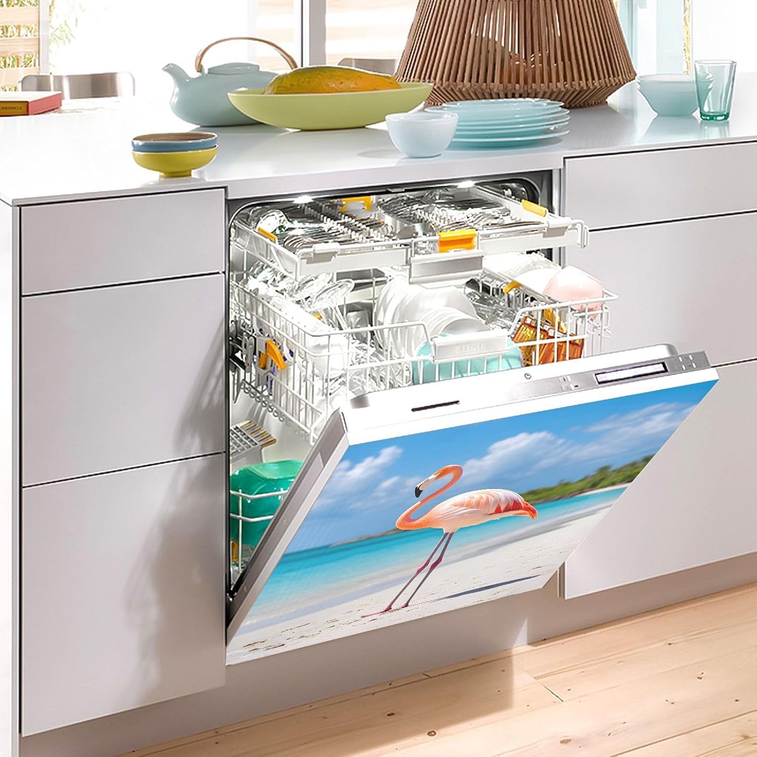 Dishwasher Magnet Cover Large Magnetic Stickers Flamingo Beach Sea Front Dishwasher Cover Reusable Decal for Home Kitchen Anti-Scratch Refrigerator Decorative Lid Washing Machine Laundry 23