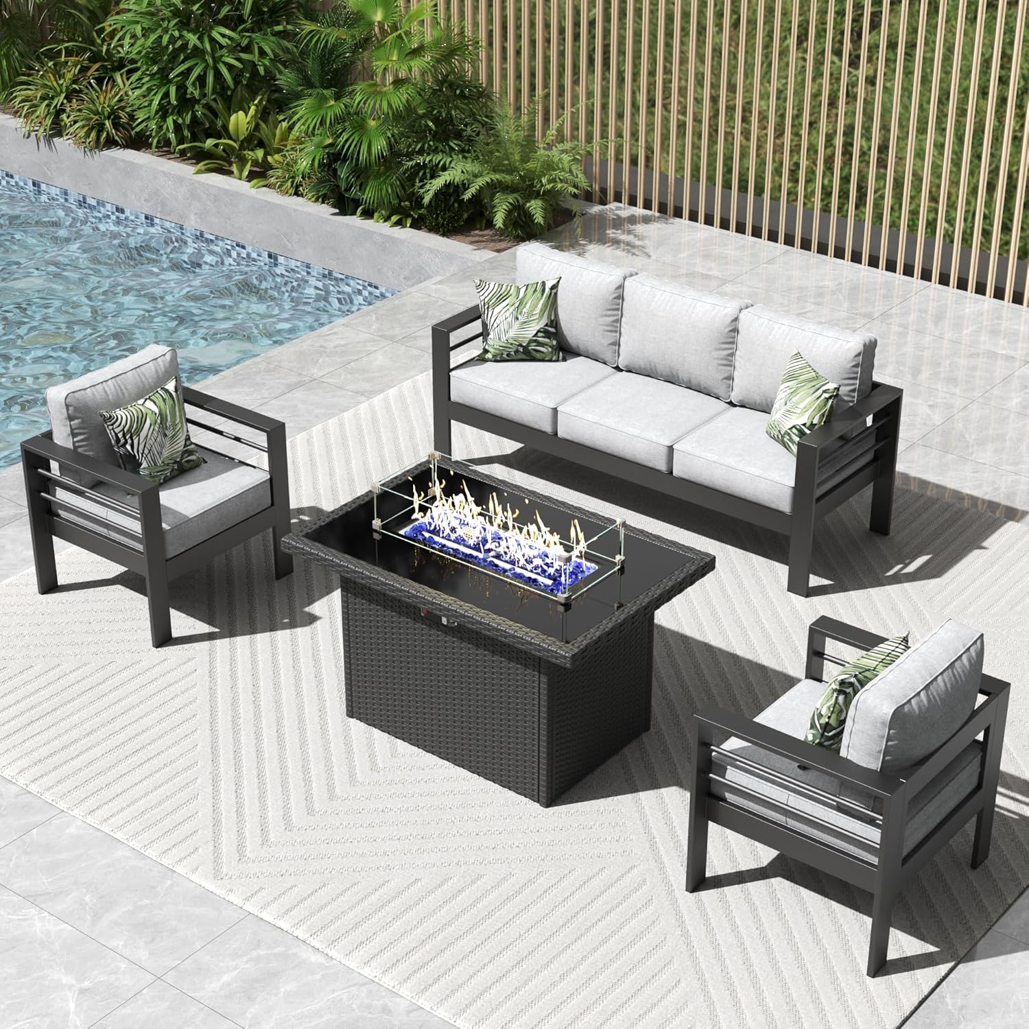 4 Pieces Modern Aluminum Patio Furniture Set with Fire Pit Table, Outdoor Conversation Sets Metal Sectional Sofa