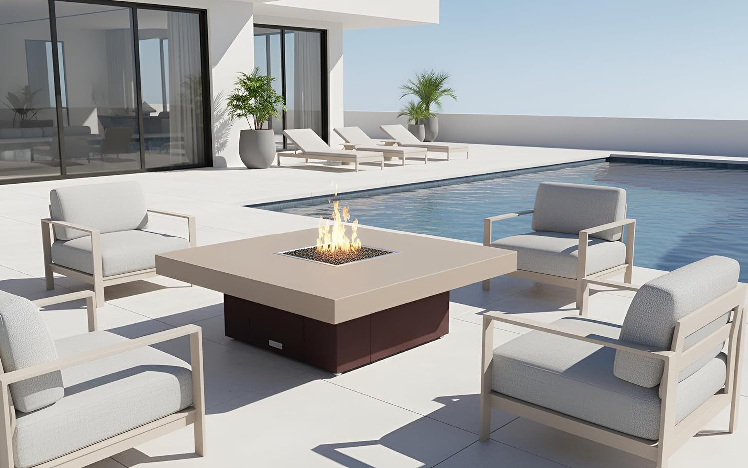 COOKE Santa Barbara 40 x 40 Square Fire Pit Table - Beige Powdercoat Aluminum Top - Natural Gas (Dark Cherry Powdercoat Base)