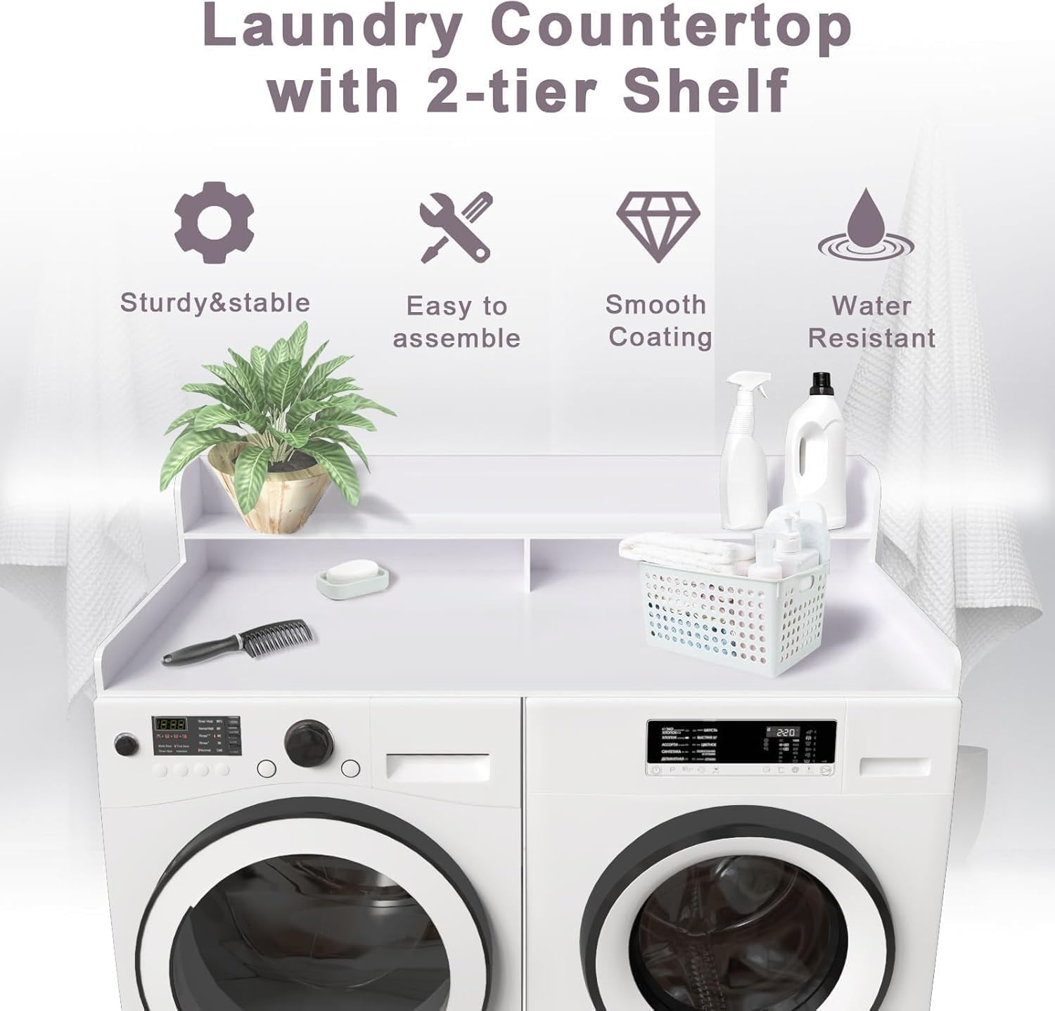 2-Tier Washer and Dryer Countertop Shelf, White Laundry Topper with Non-Slip Pads, Laundry Room Storage & Organization for Small Apartment Kitchen