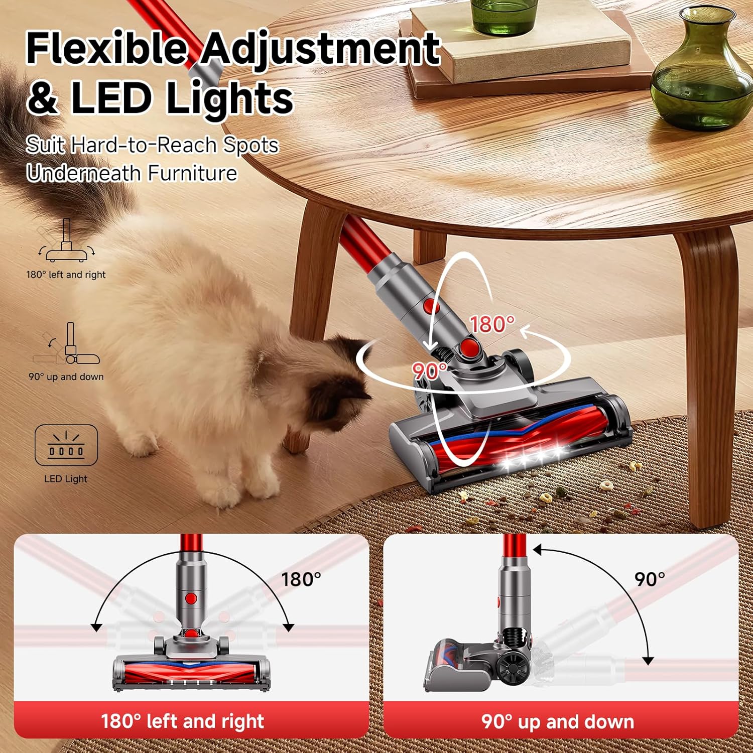 Cordless Vacuum Cleaner, 35Kpa Vacuum Cleaner for Home, 45Mins Stick Vacuum with LED Display, Anti-Tangle & Wall Mount Charging, 6 in 1 Lightweight Vacuum for Hard Floors, Carpet, Pet Hair (red)