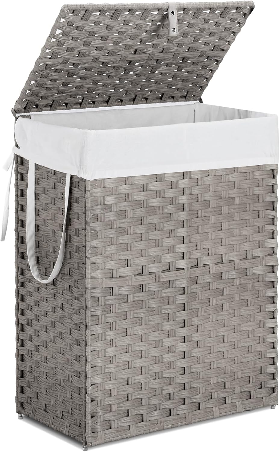 DUMOS Woven Laundry Basket with Lid, 90L Large Capacity Hamper, Removable & Machine-Washable Liner, Foldable Rattan Clothes Hamper, Sturdy Steel Frame, Odor Control, Dove Gray