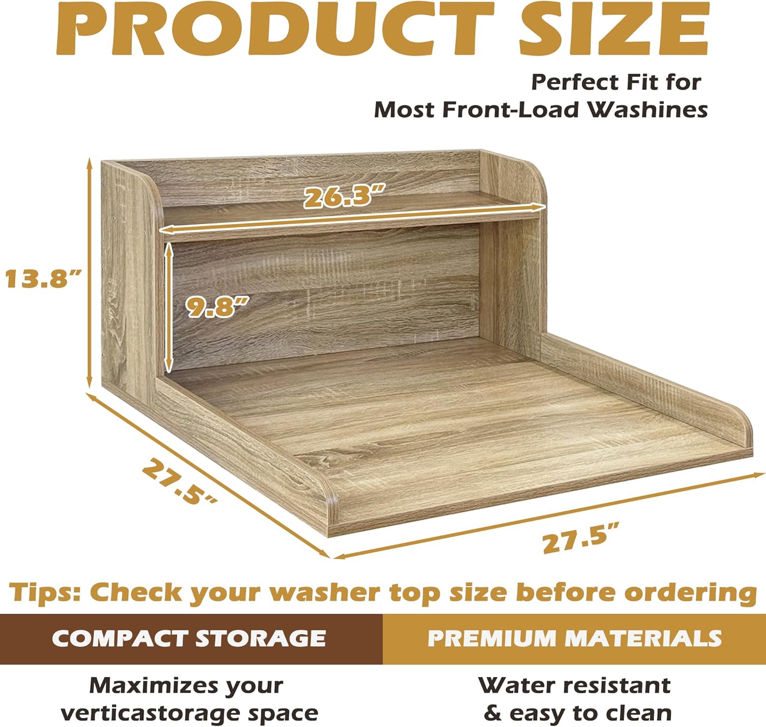 Royxen Washer Dryer Countertop with Shelf,2-Tier Laundry Countertop for Single Washer and Dryer,Soild Wood Core Washer Dryer Topper for Laundry Room Organization(White Oak)