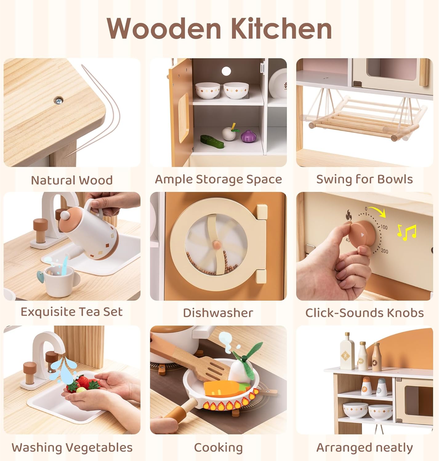 ROBUD Wooden Play Kitchen, 4-in-1 Kids Kitchen Playset with Fridge, Washing Machine, Dishwasher, Toddlers Role Play Kitchen Set Gift for Boys & Girls, Age 3+ (Caramel)