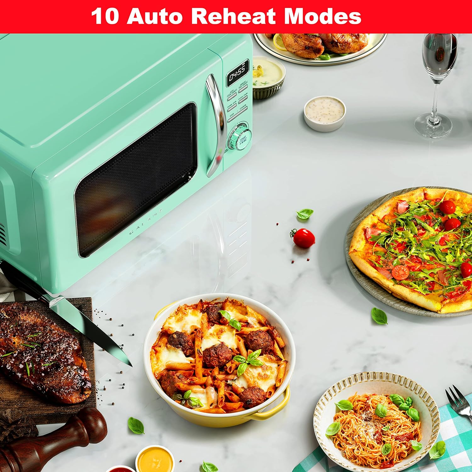 Galanz GLCMKZ09GNR09 Retro Countertop Microwave Oven with Auto Cook & Reheat, Defrost, Quick Start Functions, Easy Clean with Glass Turntable, Pull Handle.9 cu ft, Green