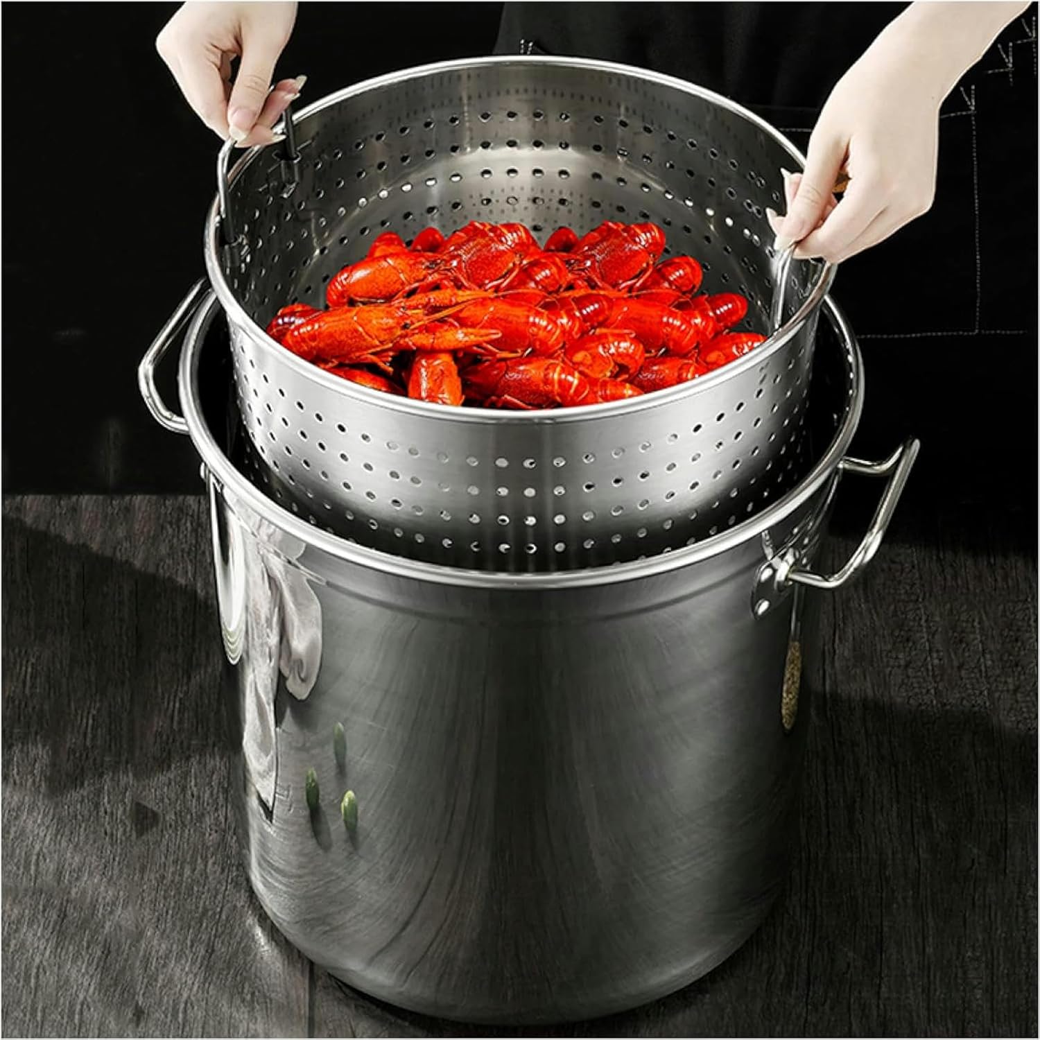 Stock Pot and Strainer Basket Set 27QT/45QT/63QT Large Crawfish Seafood Boil Pot Heavy Duty Turkey Fryer Bucket for Commercial Kitchen / 30L/27QT50L/45QT（70L/63QT）