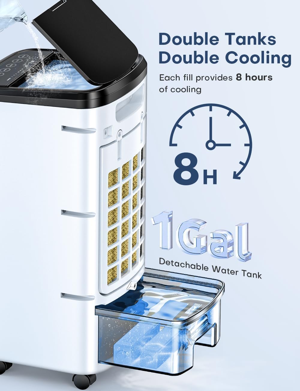 Windowless Air Conditioner with 6 Ice Packs, 3 Modes & 3 Speeds Swamp Cooler Air Conditioner, 12H Timer, 4L Tank for 24H Cooling, Remote, Dual Tank Portable Air Conditioners No Windows Needed