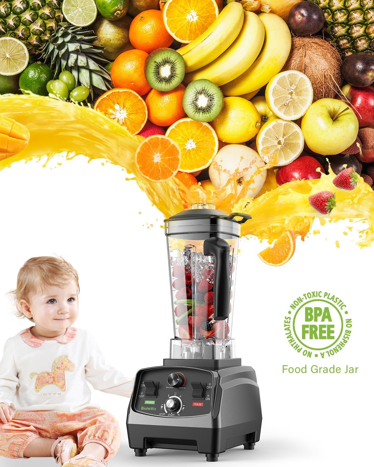 BioloMix Professional Smoothie Blender - 2200W, 68 Oz Capacity, High Speed Blender for Shakes, Smoothies, Ice Crushing, Frozen Fruits (with Extra Parts+600ML Grinding Cups)