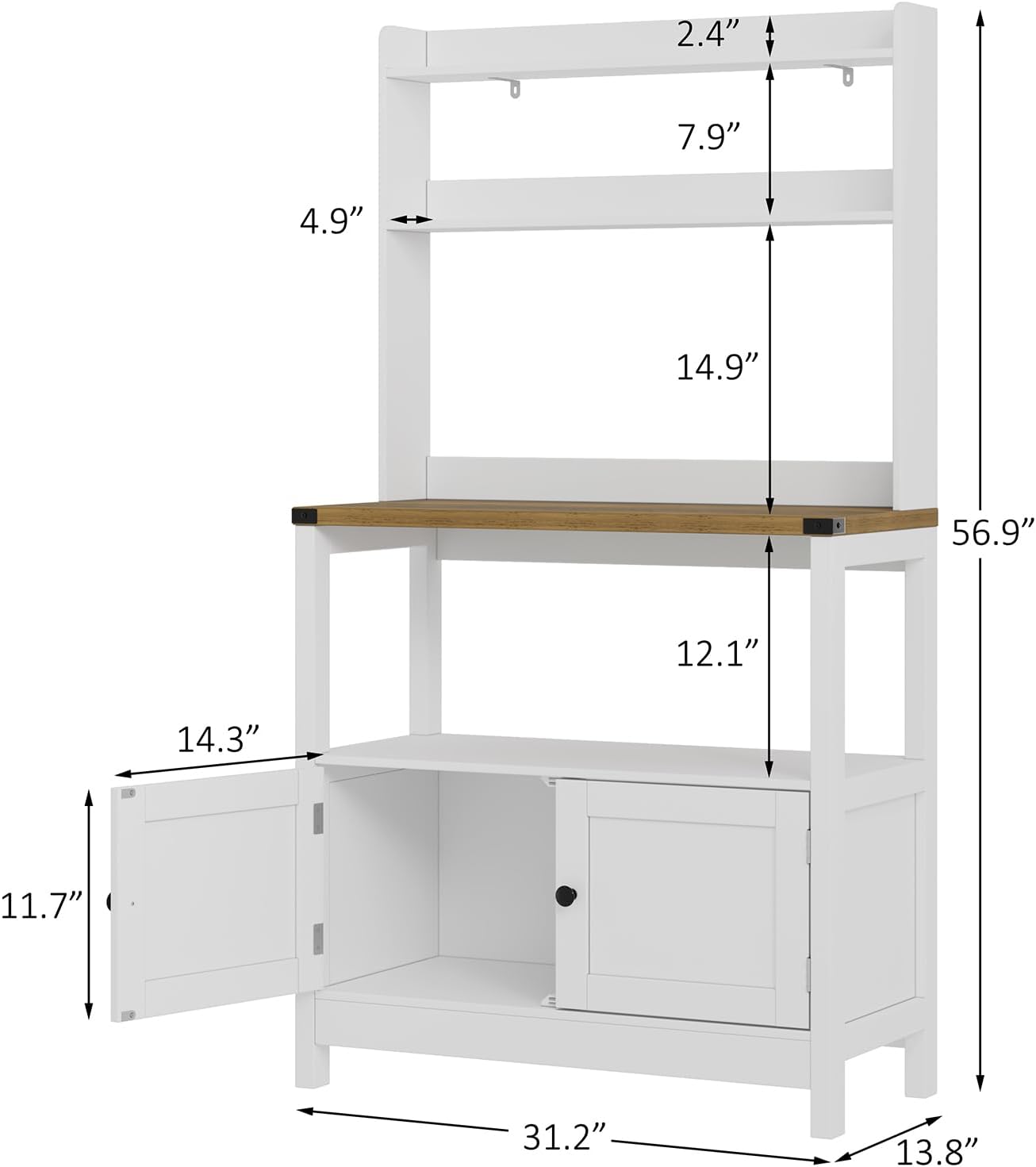 Microwave Stand Bakers Rack Cabinet, Freestanding 5-Tier Kitchen Shelves, Farmhouse Floor Hutch Door Thickened Counter,Utility Storage Shelf, Coffee Bar(White and Brown)