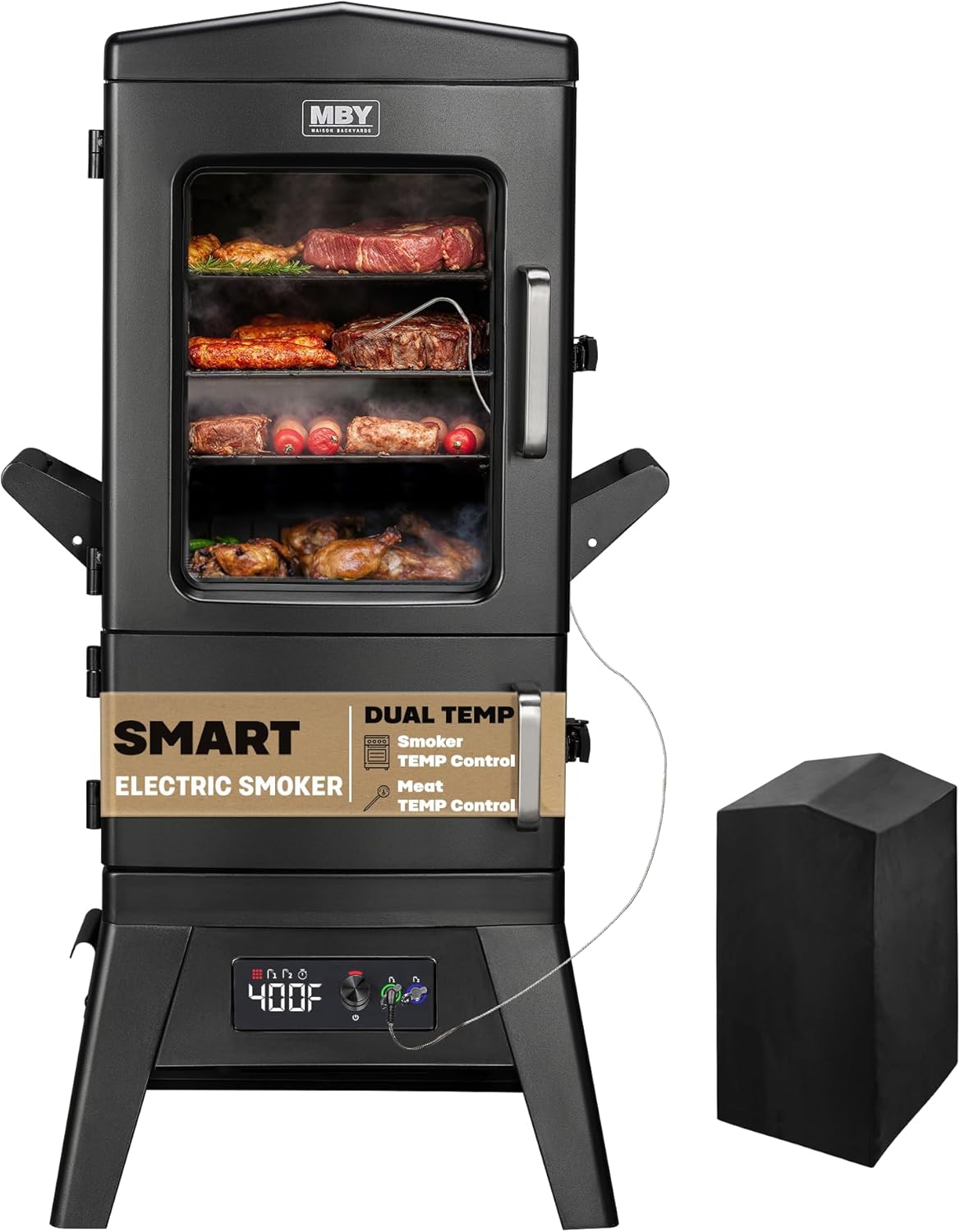 Digital Electric Smoker with Cover, LED Display Build in Meat Probe Large Capacity BBQ Smokers, 4 Racks Smoke More with 633 sq in Cooking Area