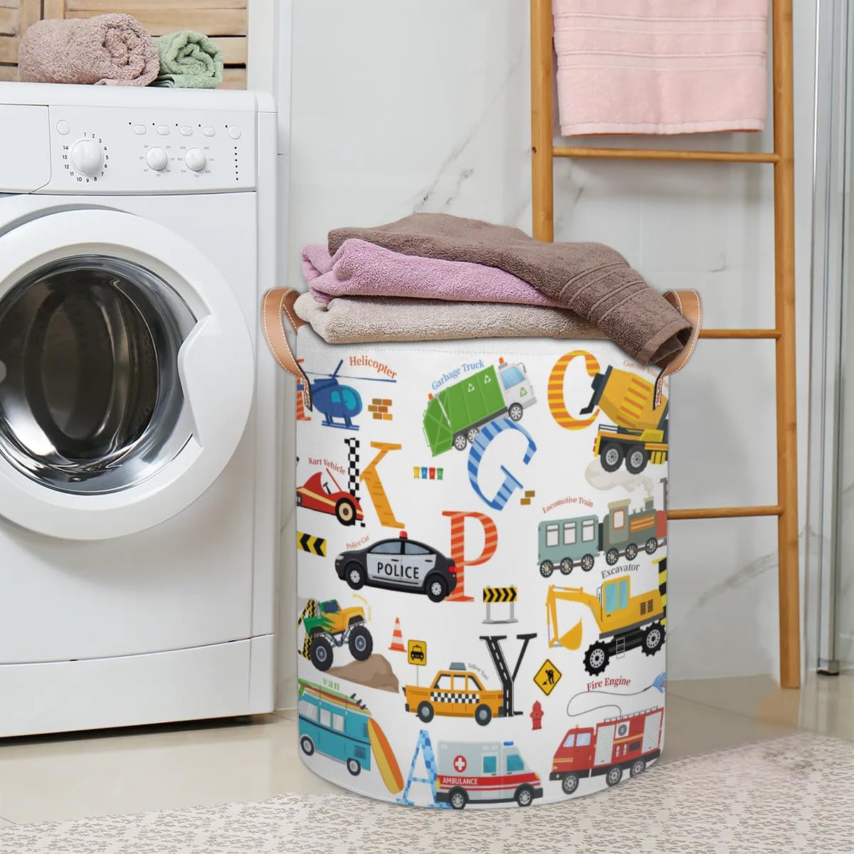 Alphabet Car Kids Laundry Basket, Cartoon Vehicles Nursery Laundry Hamper Foldable Storage Bin Toy Basket Dirty Clothes Storage Basket with Handles Organizer for Bedroom Bathroom