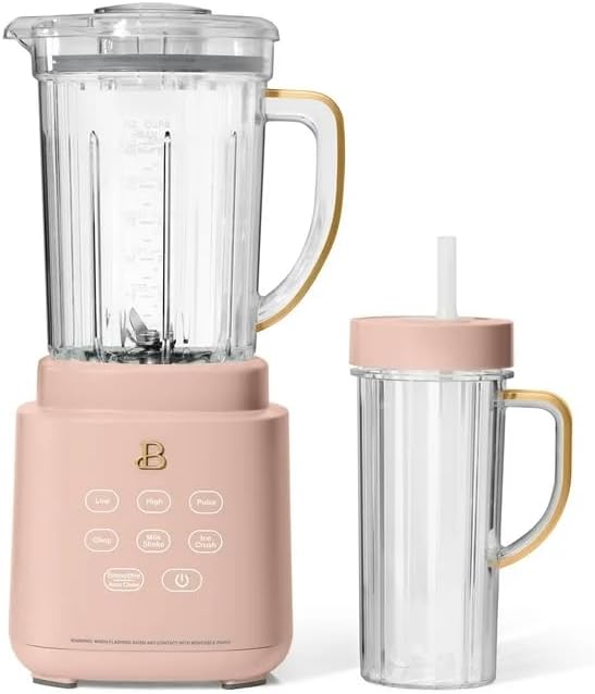 Beautiful PowerExact Blender System, Rose by Drew Barrymore – 700 W Motor, PrecisionSense, Touch Display, 50 oz Tritan Pitcher + 20 oz Cup with No-Drippy Sippy Lid (White)