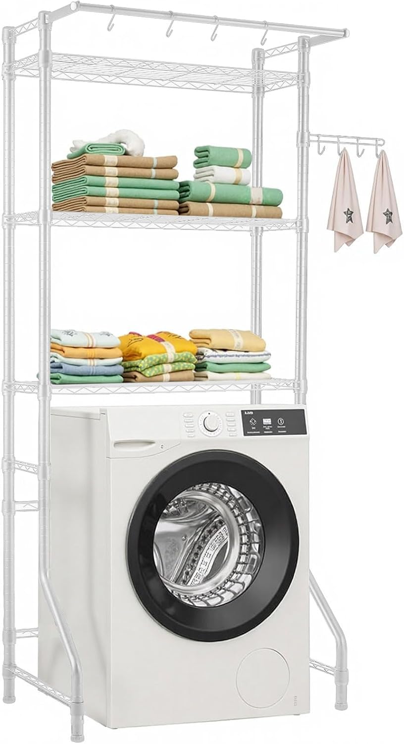 VEVOR Over The Washer and Dryer Storage Shelf, 3 Tier Laundry Room Drying Rack with Hanger Rod and Hooks, Adjustable Over Washer and Dryer Shelves, Laundry Room Shelf Storage Space Saver, White