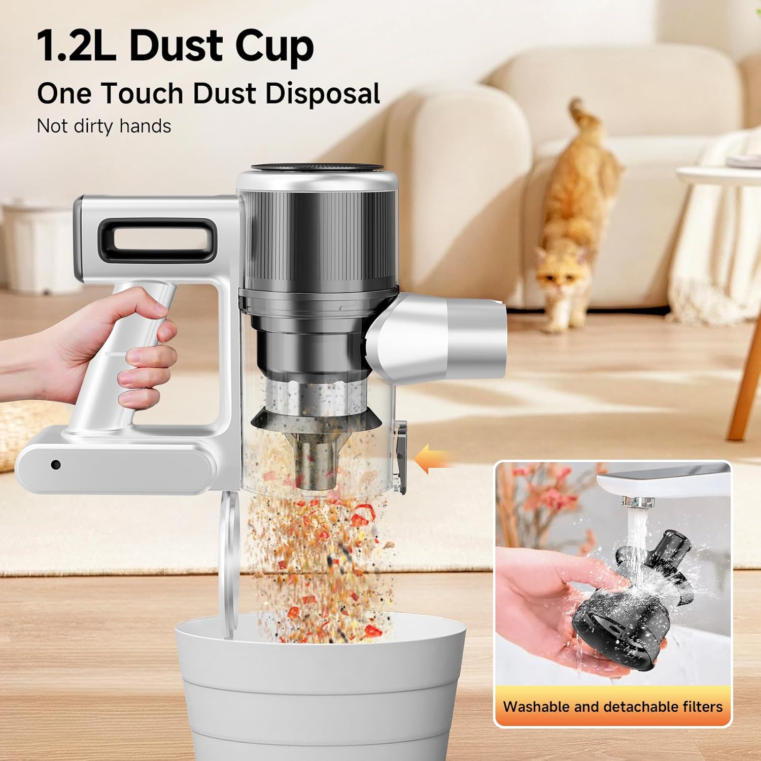 Cordless Vacuum Cleaner for Home - Lightweight, Stick Vacuum Clean with Rechargeable Battery, Max 45Mins Runtime, 8 in 1 Handheld Vacuum for Hardfloor & Carpets Pet Hair, White&Yellow