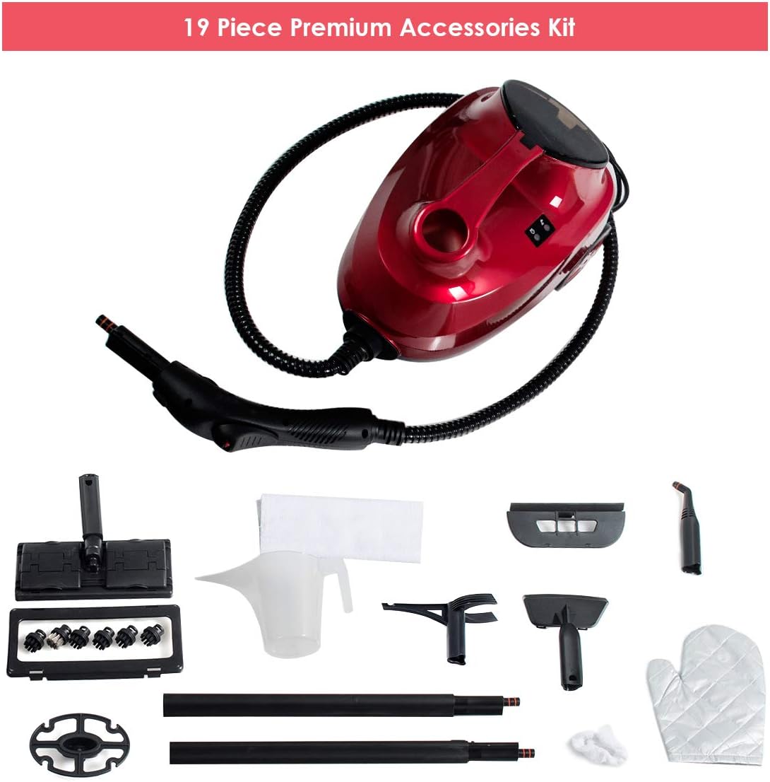 Moccha 2000W Steam Cleaner w/ 19 Accessories, 2000 W Household Steamer w/ 1.5L Tank for Chemical-Free Cleaning, Heavy Duty Household Cleaning Machine for Floors, Windows, Cars (Red)