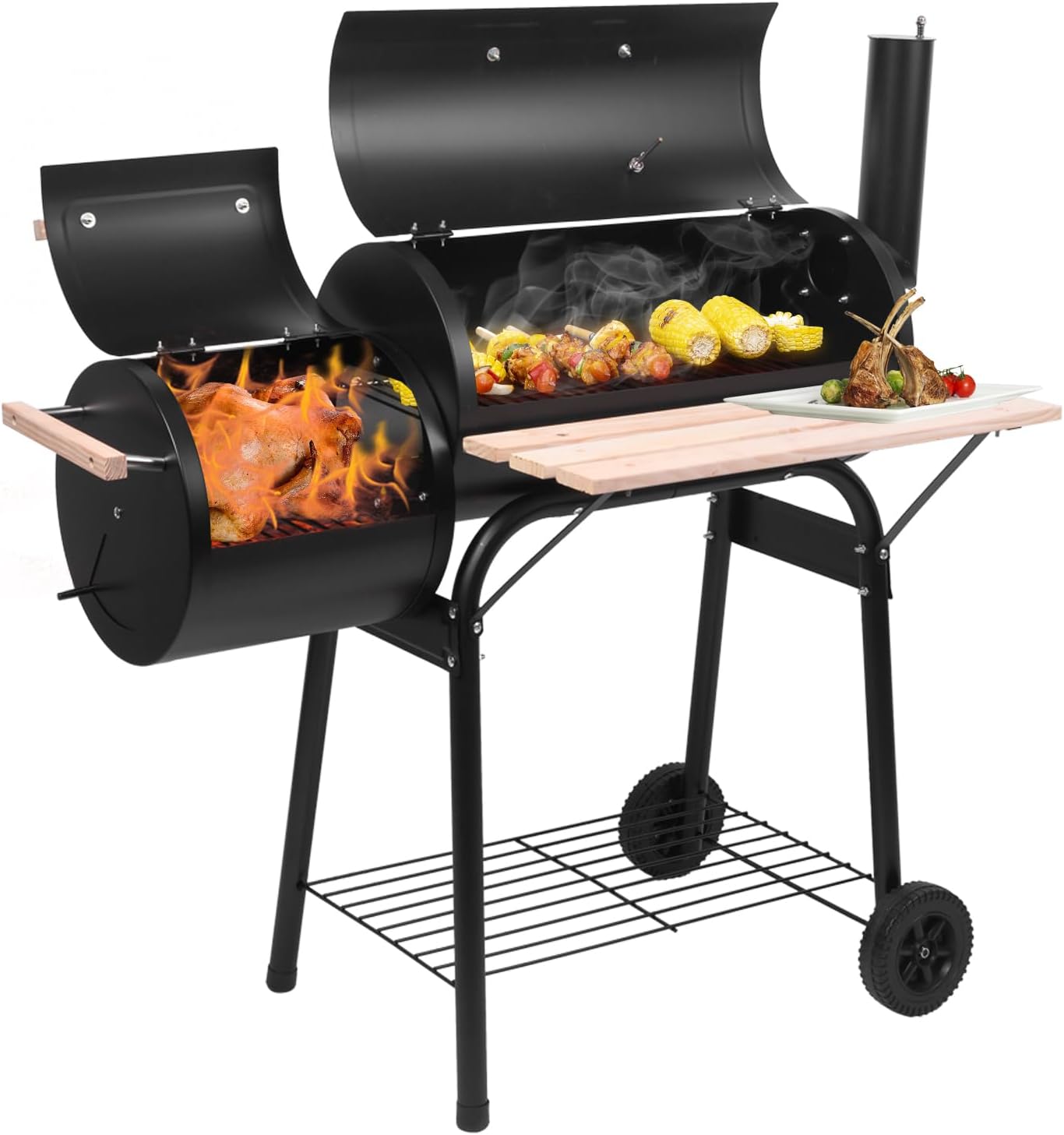 Offset BBQ Smoker Grill with Side Shelf, Outdoor Patio Barbecue Cooker with Offset Smoker, Wheels Tray for Balcony Picnics, Party and Camping
