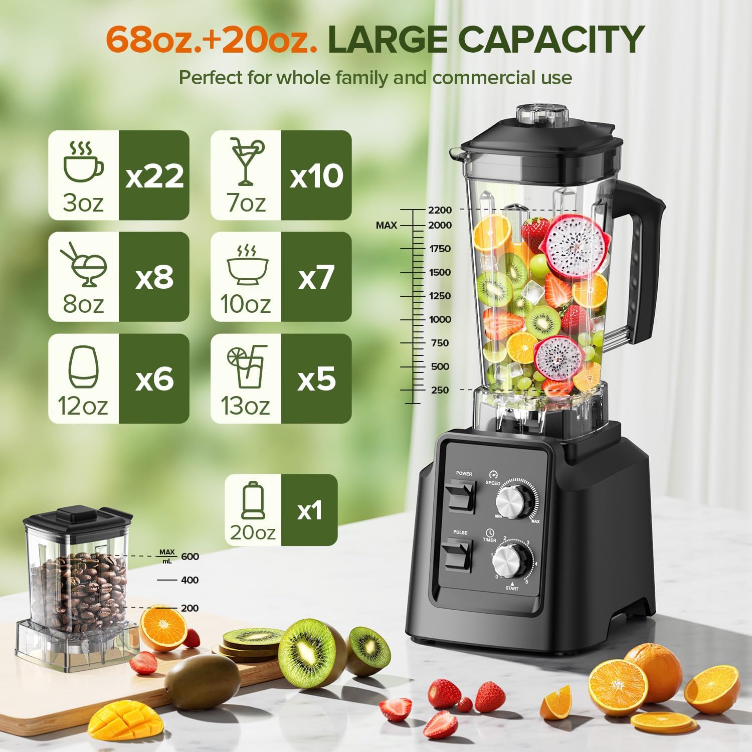 Blender, Blender for Smoothies with 68Oz. Pitcher and 20Oz. Grinder, 28000 RPM Countertop Blenders for Kitchen, Ice Crushing, Frozen Fruits, Timing Setting, Speed Adjustable, Black
