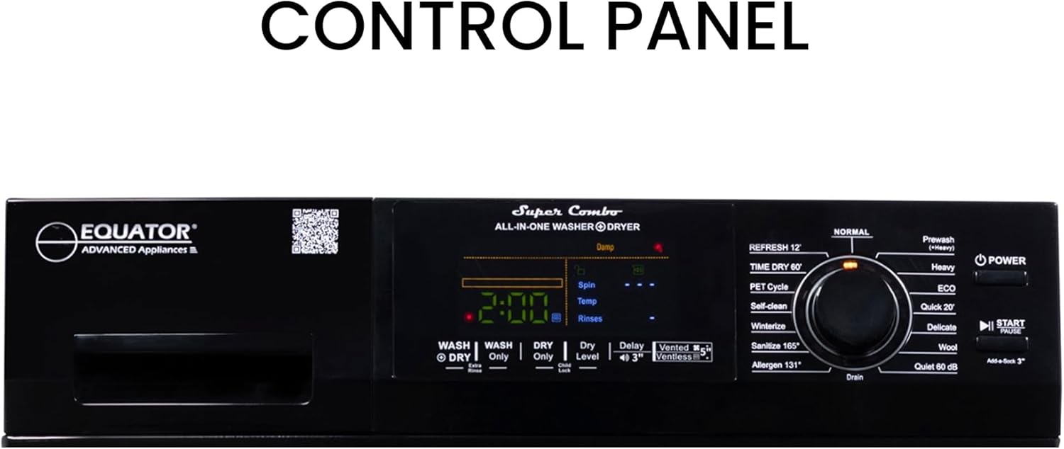 Equator All-in-One Washer Dryer VENTLESS/VENTED PET cycle 1.62cf/15lbs+Portability Kit in BLACK